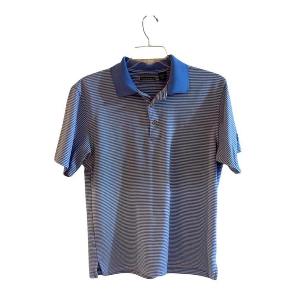 Cubavera men's polo shirt featuring a blue and white striped pattern